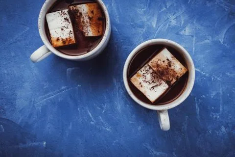 Flat lay of two cups of cocoa or hot chocolate with homemade vegan marshmallo Stock Photos