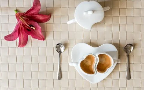 Flat lay with two cups of espresso coffee and flower Stock Photos