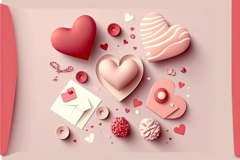 Flat lay Valentine's card, vector 2d, white background, Made by AI,Artifici.. Stock Illustration