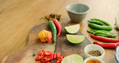 Flat Lay Of Various Fresh Spices And Mushrooms On Counter 4K Stock Footage 92476435