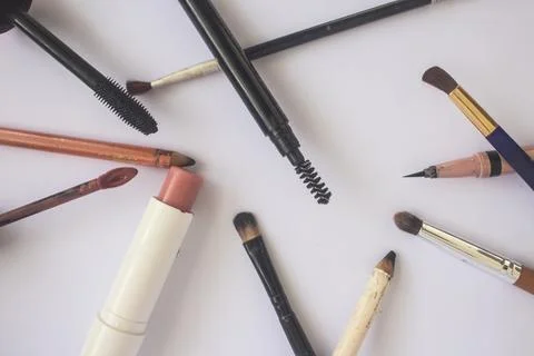 Flat lay of various makeup tools arrange as background style Stock Photos