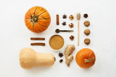 Flat lay with various pumpkins, cinnamon stick and  cane sugar knolled togeth Stock Photos