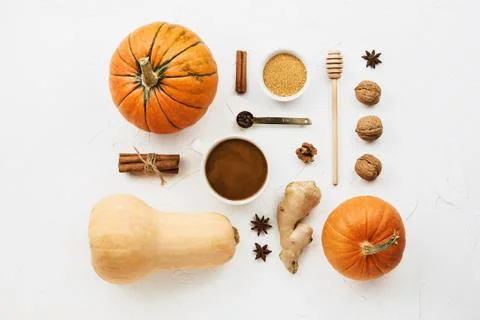 Flat lay with various pumpkins, cinnamon stick and cup of coffee with plant-b Stock Photos