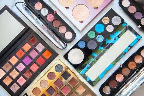 Flat lay of various of waterproof contour, eyeshadow palette collection with Stock Photos