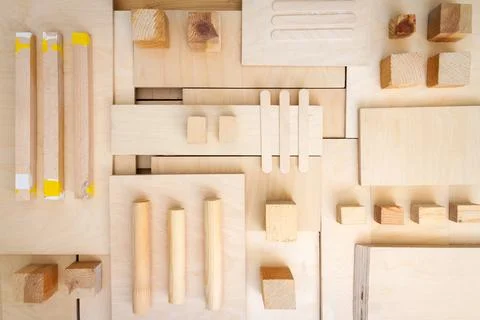 Flat lay of various wood and plywood pieces Stock Photos