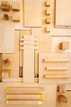 Flat lay of various wood and plywood pieces Stock Photos