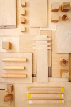 Flat lay of various wood and plywood pieces Stock Photos
