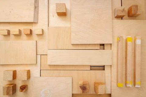 Flat lay of various wood and plywood pieces Stock Photos