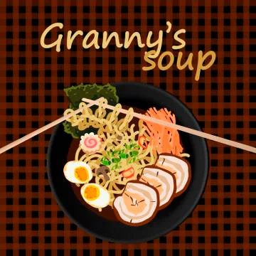 Flat lay vector of asian soup and knitted noodle pattern with chopsticks. Illustrazione stock