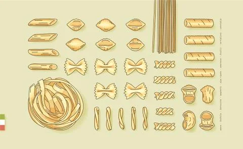 Flat lay vector illustration of different pasta shapes and types Stock Illustration