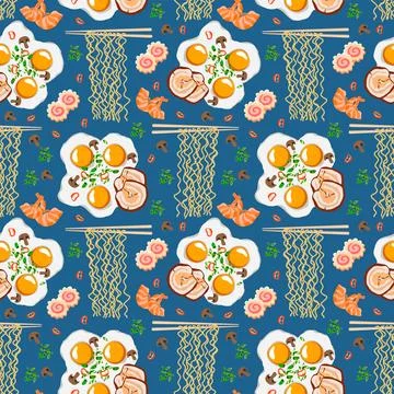 Flat lay vector seamless pattern of asian food Stock Illustration