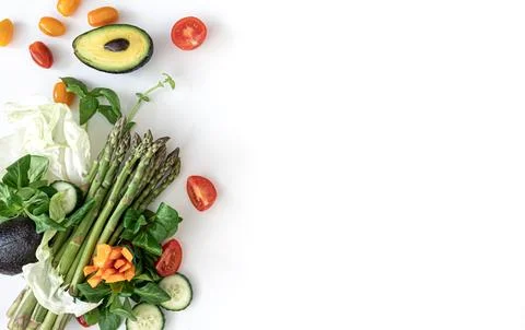 Flat lay, vegetables on white background, food and diet concept. Stock Photos