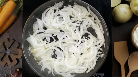 Flat lay video: chef adds olive oil to the hot pan and stirs chopped onion by Stock Footage 114808212