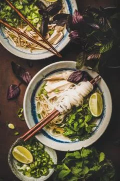 Flat-lay of Vietnamese soup Pho Ga with chicken and noodles Stock Photos
