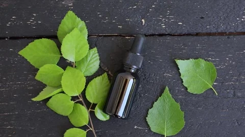 Flat lay view of Birch tree Betula leaf tincture in a glass bottle. Stock Footage 340146916