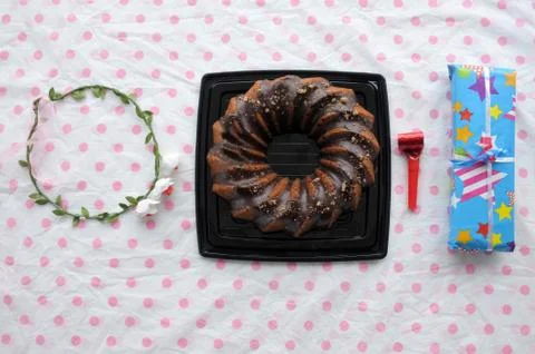 Flat lay view of a birthday table Stock Photos