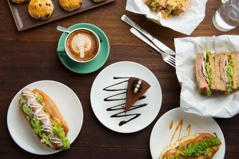 Flat lay view of breakfast cafe items Stock Photos