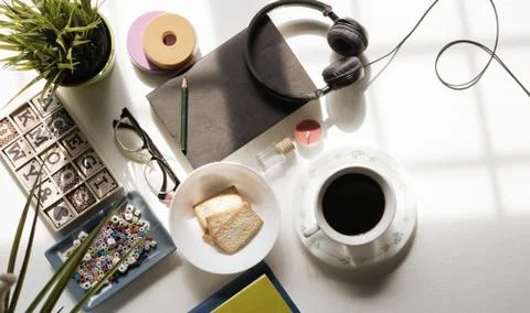Flat Lay View of Breakfast Table Set up. Stock Photos
