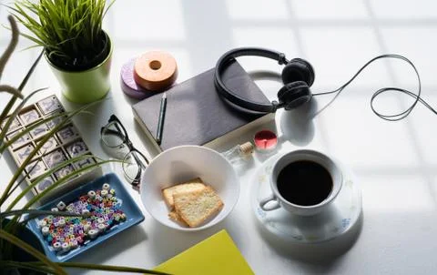 Flat Lay View of Breakfast Table Set up. Stock Photos