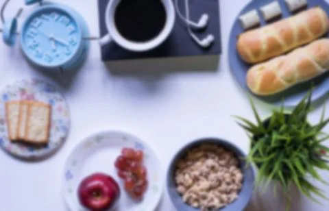 Flat Lay View of Breakfast Table Set up. 库存照片