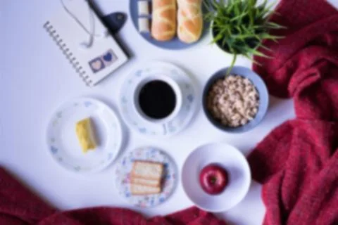 Flat Lay View of Breakfast Table Set up. Stock Photos