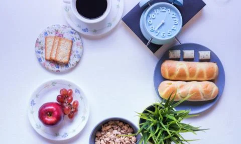 Flat Lay View of Breakfast Table Set up. Stock Photos