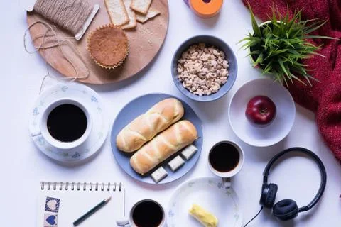 Flat Lay View of Breakfast Table Set up. Stock Photos