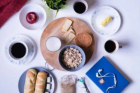 Flat Lay View of Breakfast Table Set up. 库存照片