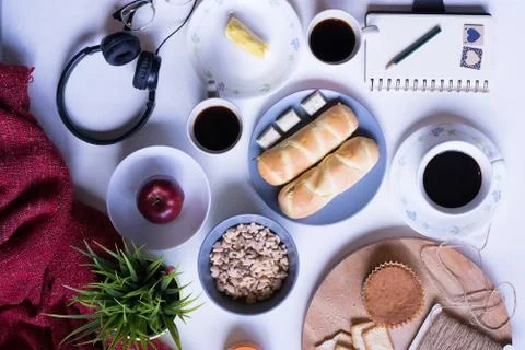 Flat Lay View of Breakfast Table Set up. Stock Photos