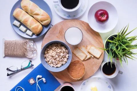 Flat Lay View of Breakfast Table Set up. 스톡 사진