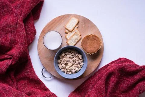 Flat Lay View of Breakfast Table Set up. 库存照片