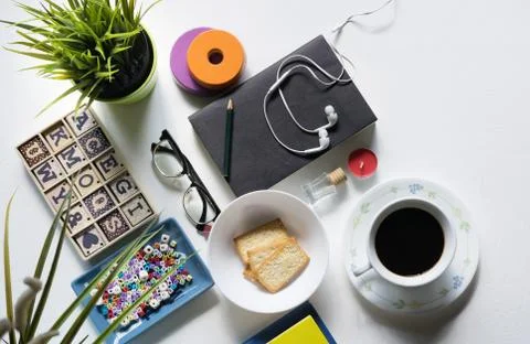 Flat Lay View of Breakfast Table Set up. Stock Photos