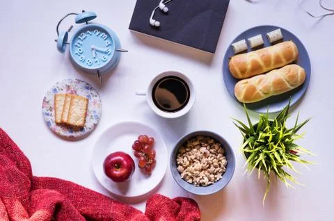 Flat Lay View of Breakfast Table Set up. 스톡 사진
