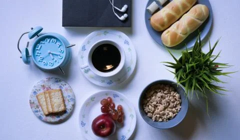 Flat Lay View of Breakfast Table Set up. Stock Photos