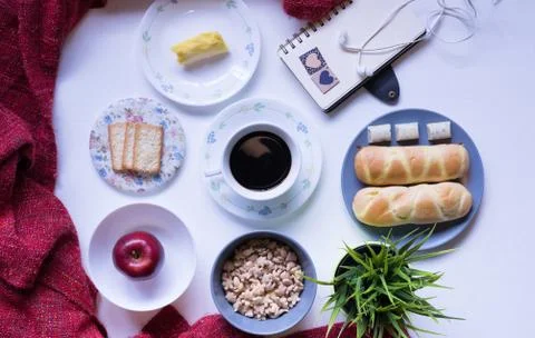 Flat Lay View of Breakfast Table Set up. Stock Photos