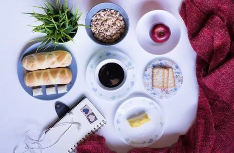 Flat Lay View of Breakfast Table Set up. Stock Photos