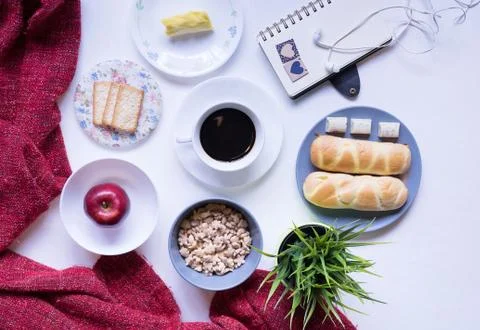 Flat Lay View of Breakfast Table Set up. Stock Photos