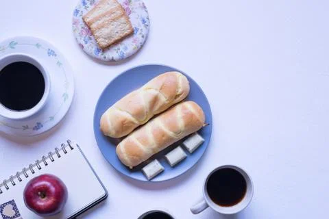 Flat Lay View of Breakfast Table Set up. Stock Photos