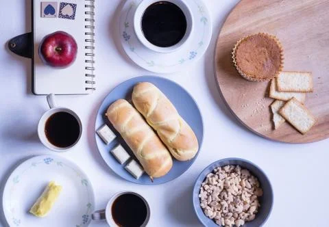 Flat Lay View of Breakfast Table Set up. 스톡 사진