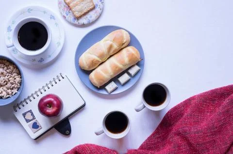 Flat Lay View of Breakfast Table Set up. Stock Photos