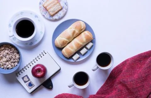 Flat Lay View of Breakfast Table Set up. Stock Photos