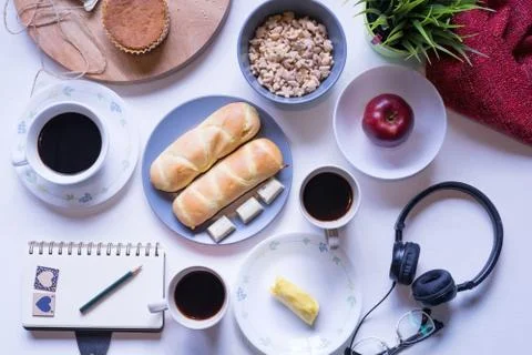Flat Lay View of Breakfast Table Set up. Stock Photos