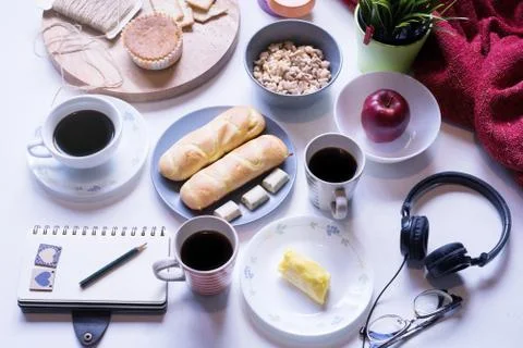 Flat Lay View of Breakfast Table Set up. Stockfoto's