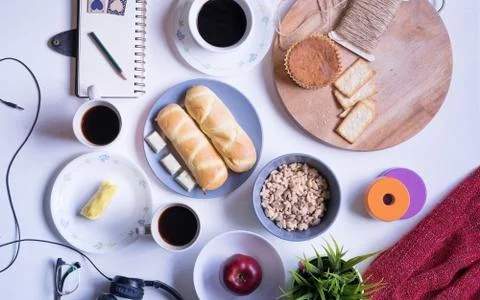 Flat Lay View of Breakfast Table Set up. Stock Photos