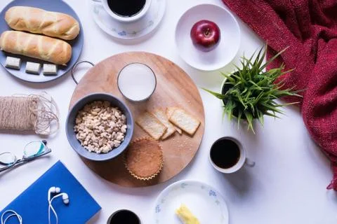 Flat Lay View of Breakfast Table Set up. 스톡 사진