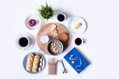 Flat Lay View of Breakfast Table Set up. Foto stock