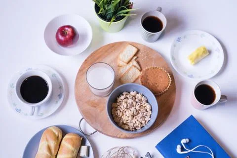 Flat Lay View of Breakfast Table Set up. Stockfoto's