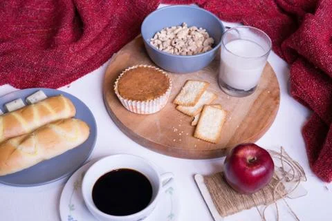 Flat Lay View of Breakfast Table Set up. Stock Photos