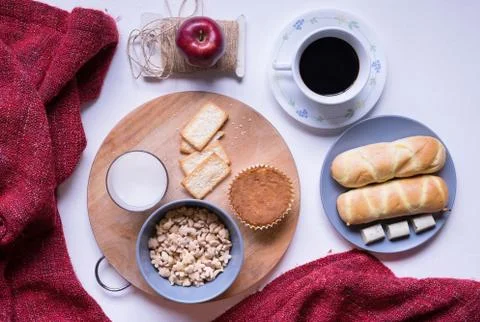 Flat Lay View of Breakfast Table Set up. Stock Photos