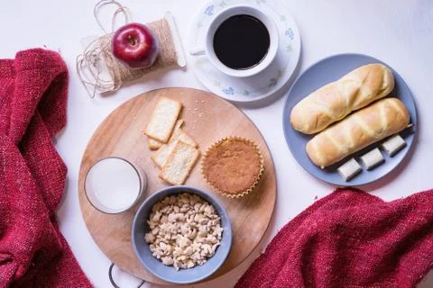 Flat Lay View of Breakfast Table Set up. Stock Photos